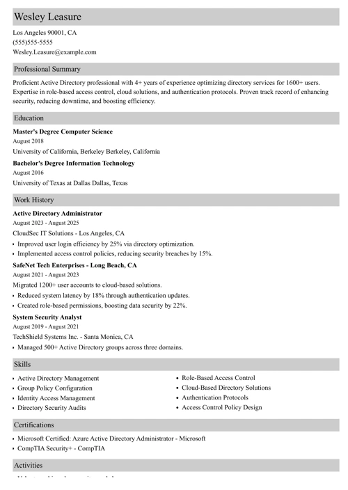 active directory resume example