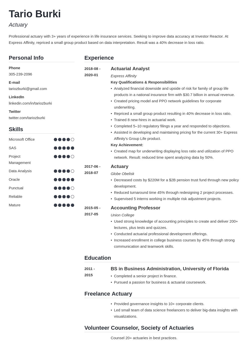 actuary resume example template simple