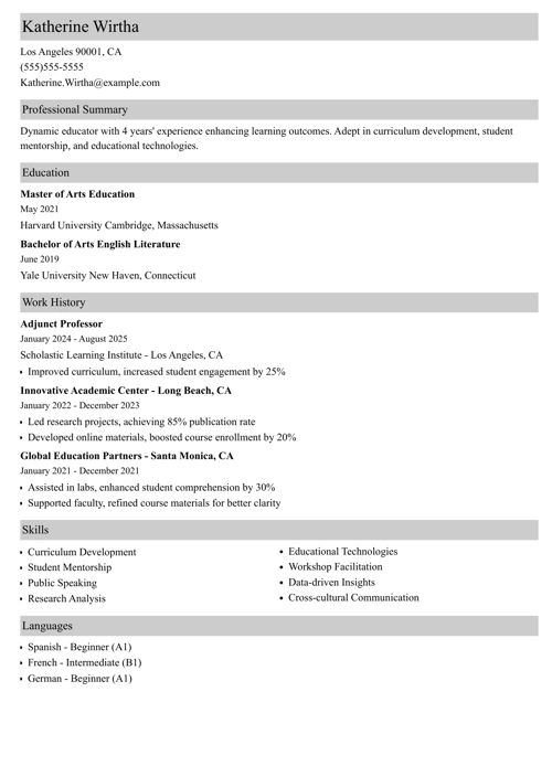 adjunct professor resume sample