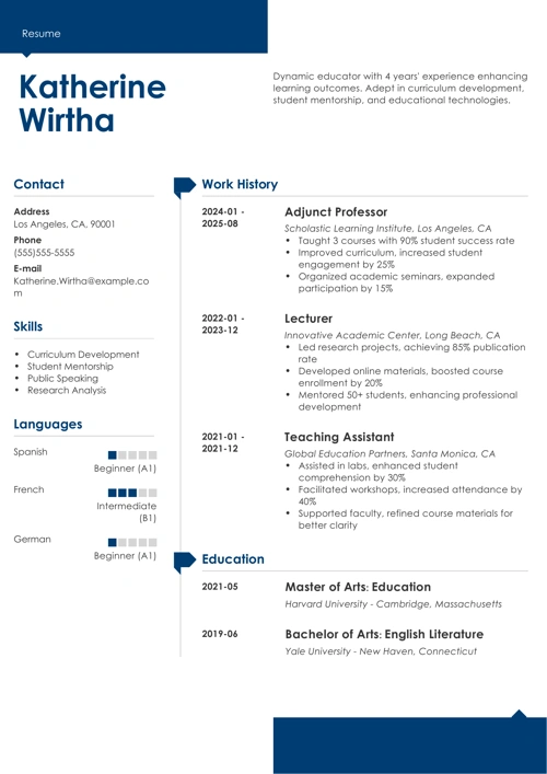 adjunct professor resume sample