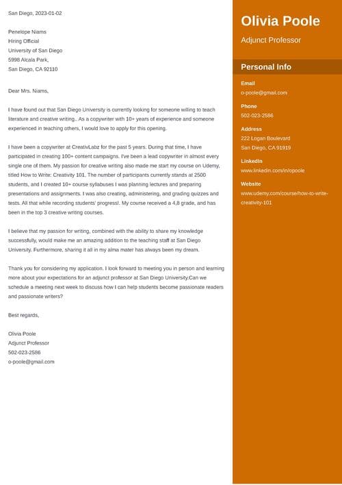 Adjunct Professor Cover Letter Sample Template   Adjunct Professor Cover Letter Example Zety Us Cta 2 