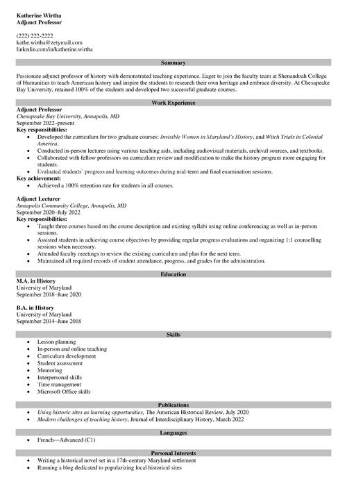 adjunct professor resume sample