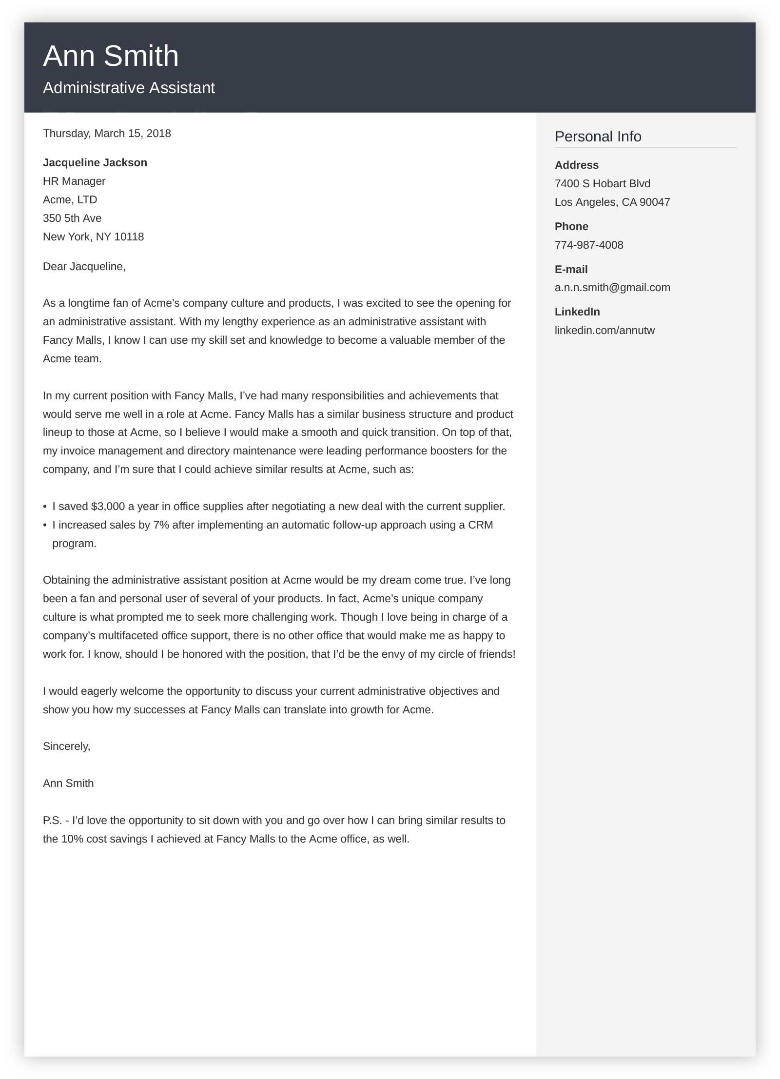 administrative assistant resume and cover letter set