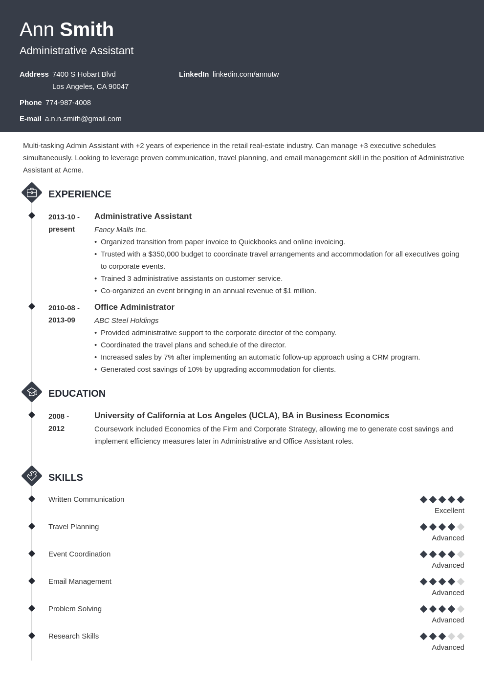 administrative assistant resume template diamond