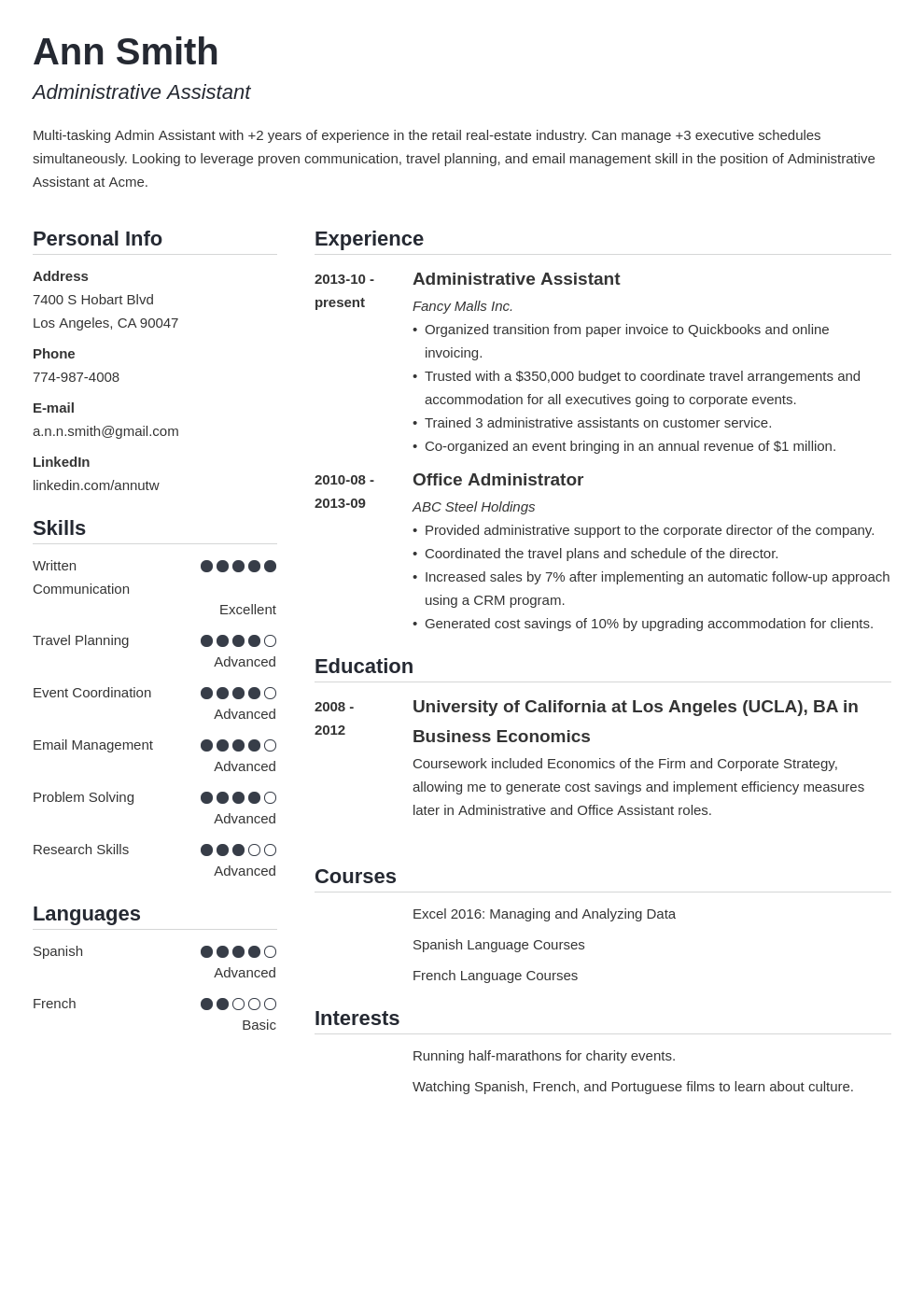 administrative assistant resume template simple