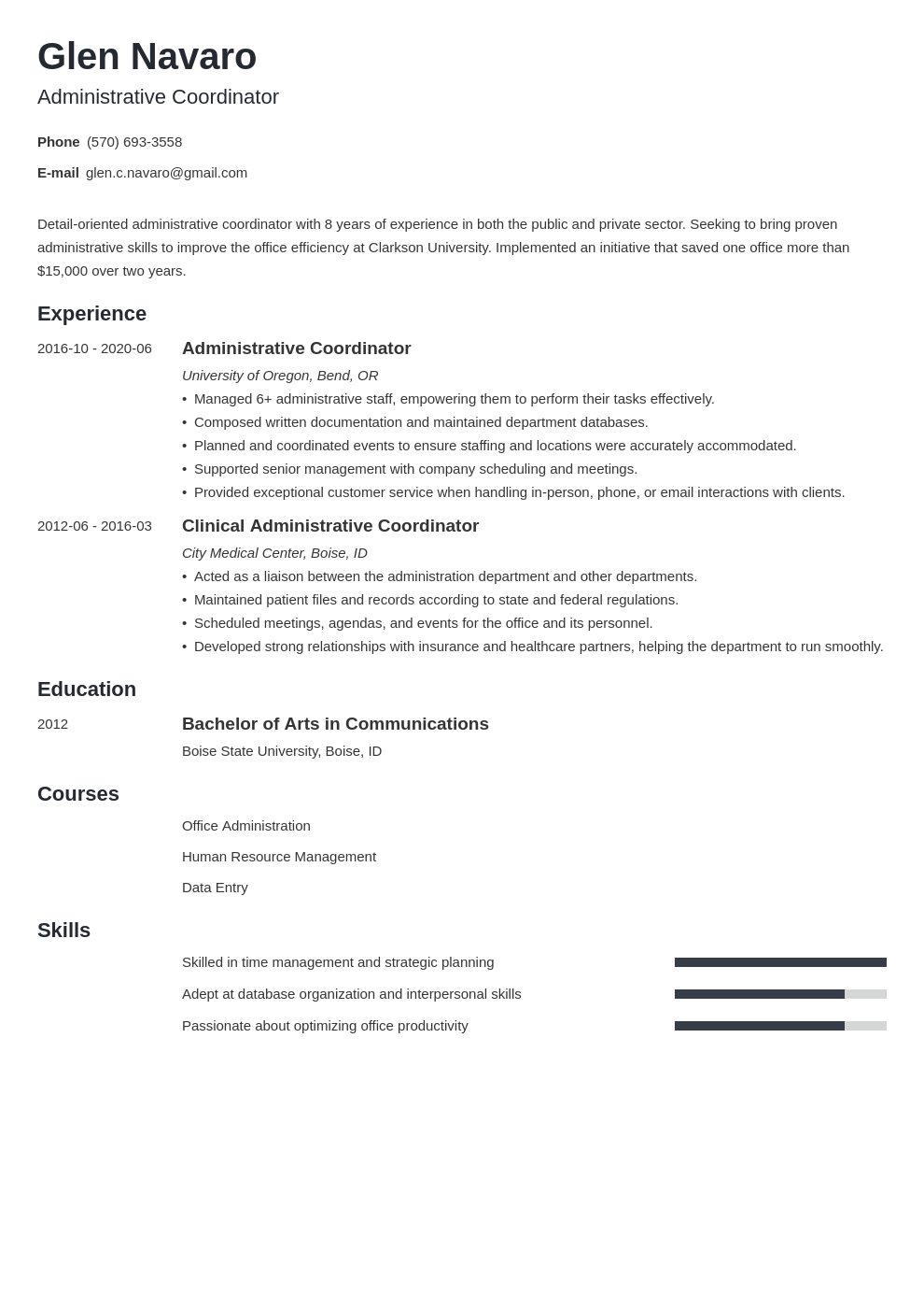 Administrative Coordinator Resume Samples Writing Guide   Administrative Coordinator Resume Example Template Minimo 