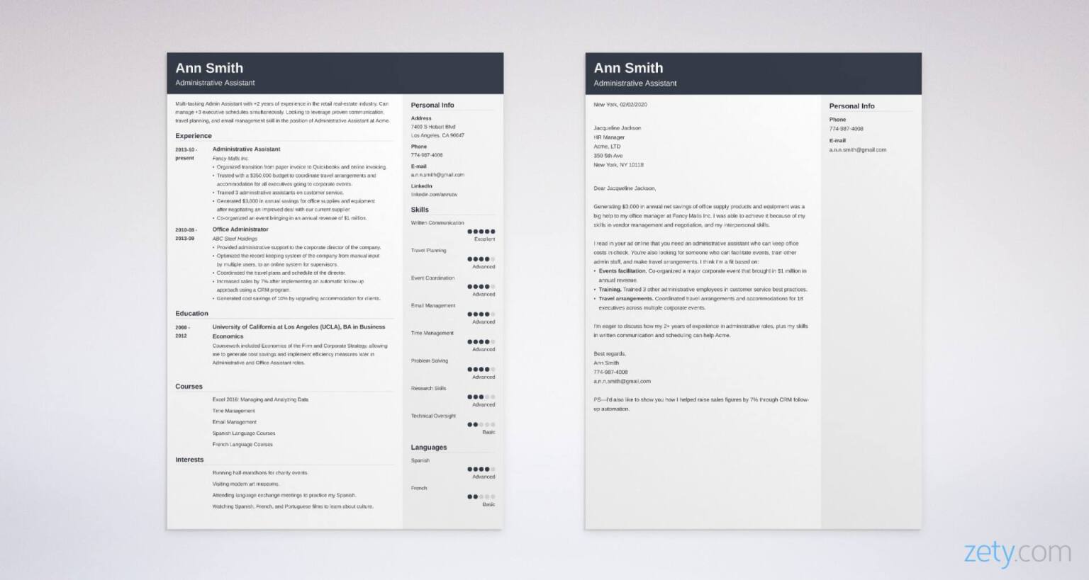 administrative resume and cover letter set