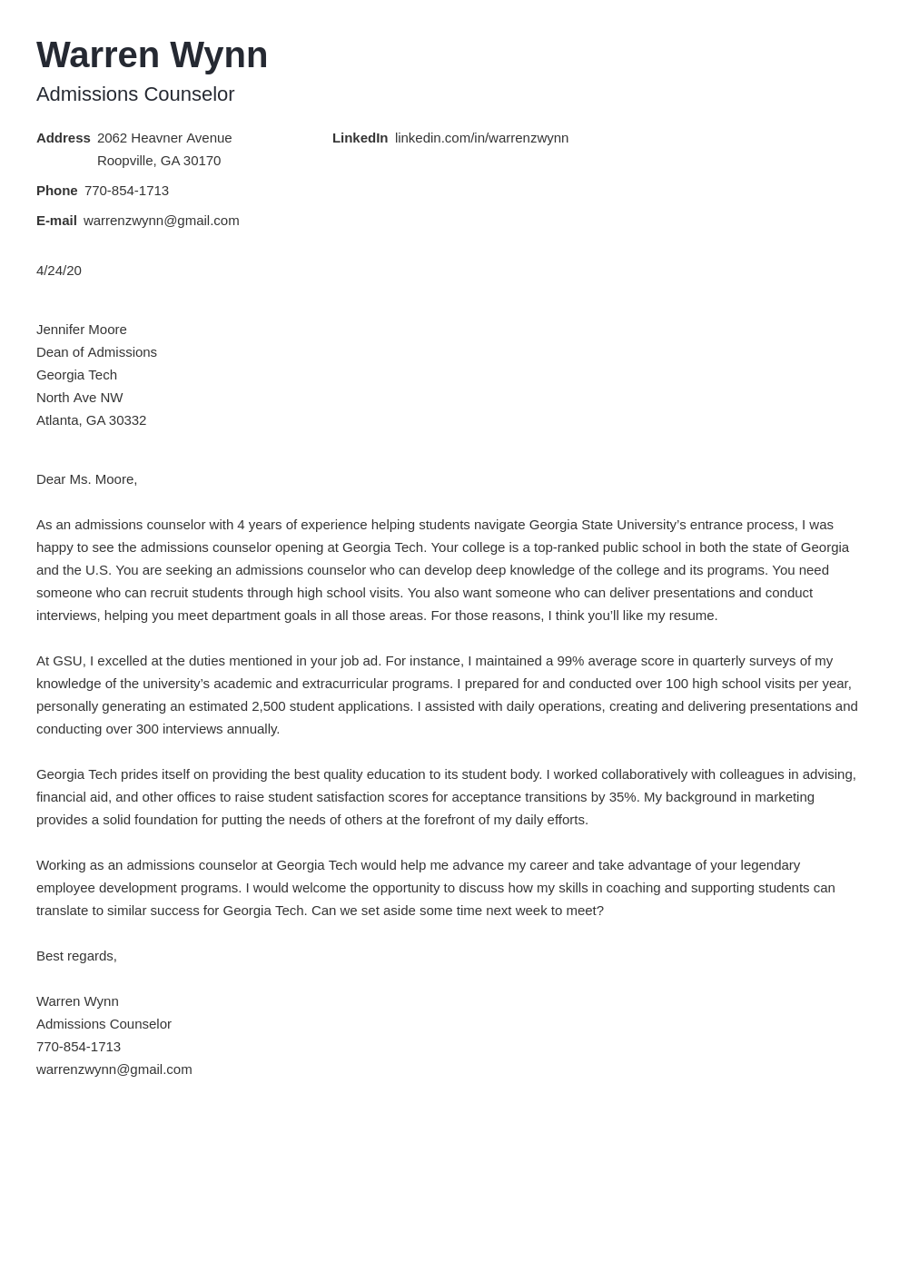 sample cover letter for licensed professional counselor