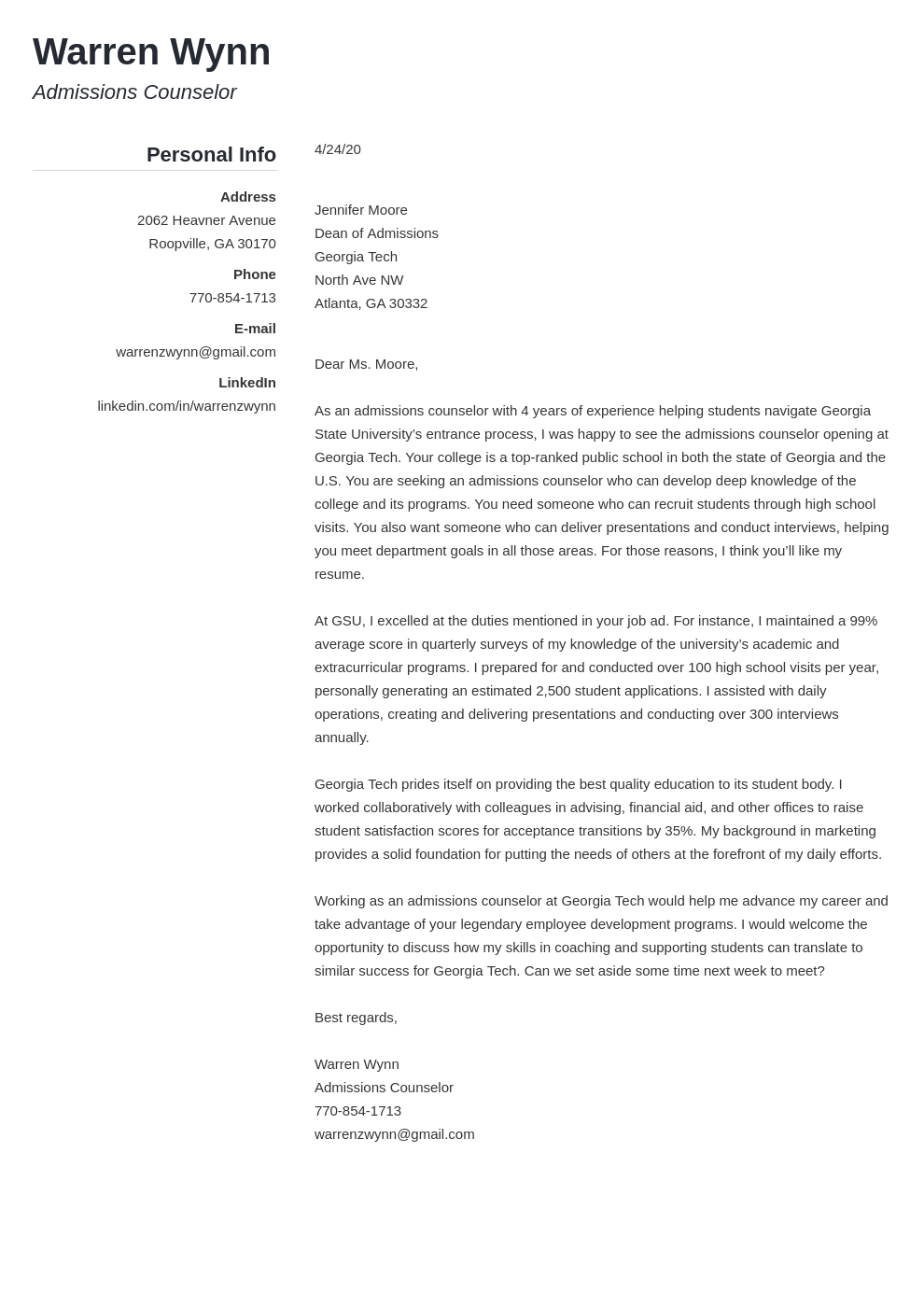 Admissions Counselor Cover Letter Examples & Writing Guide