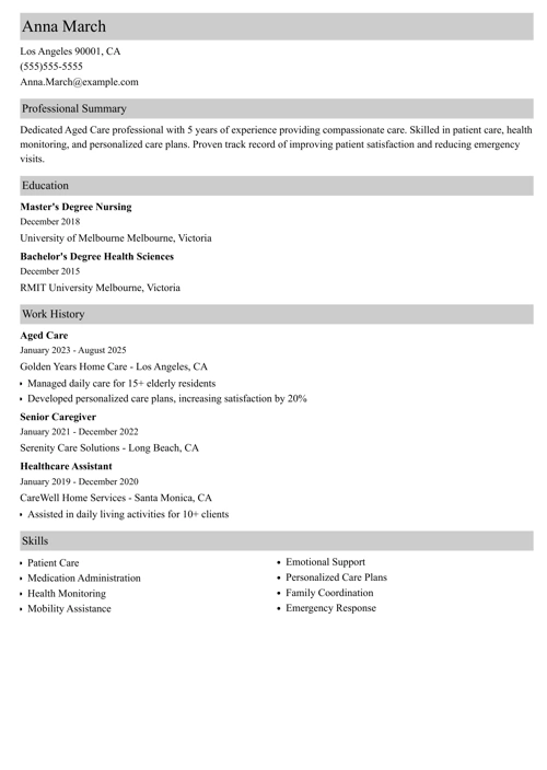 aged care resume example