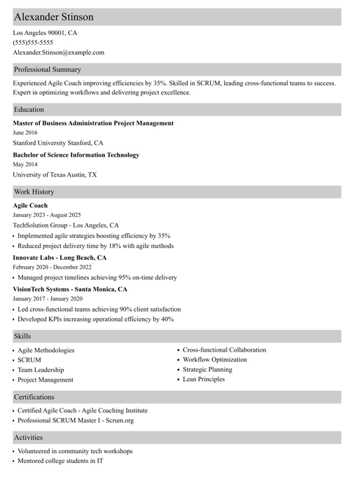 agile coach resume example