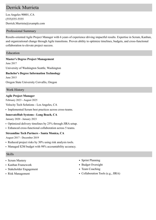 Agile project manager resume example