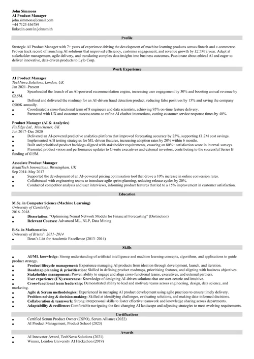 AI product manager CV example by Zety UK CV templates
