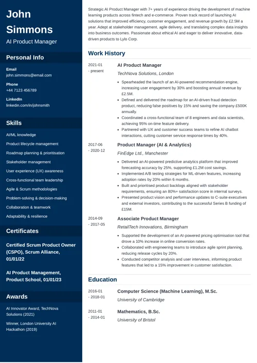AI product manager CV example by Zety UK CV templates