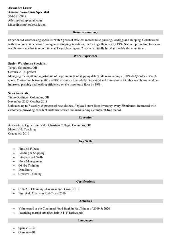 amazon resume sample