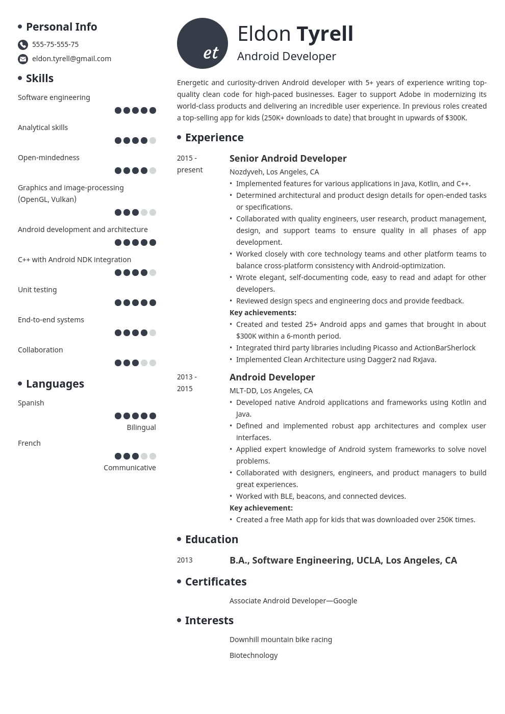android resume developer example template initials