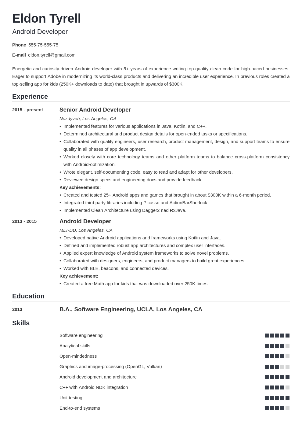 android resume developer example template nanica