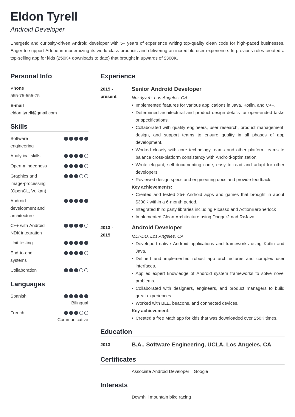 android resume developer example template simple