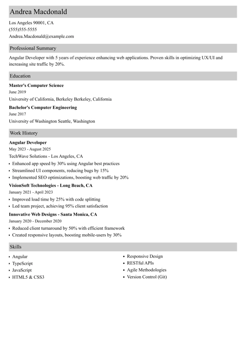 Angular developer resume example