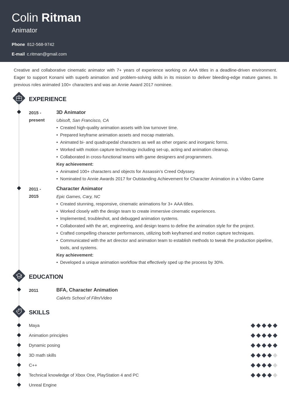 animator resume example template diamond