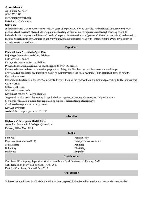 Aged Care Job Resume Sample