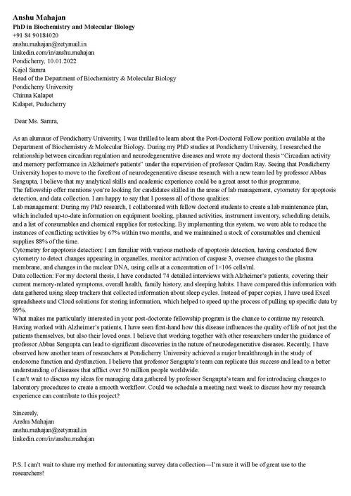 Postdoc cover letter example