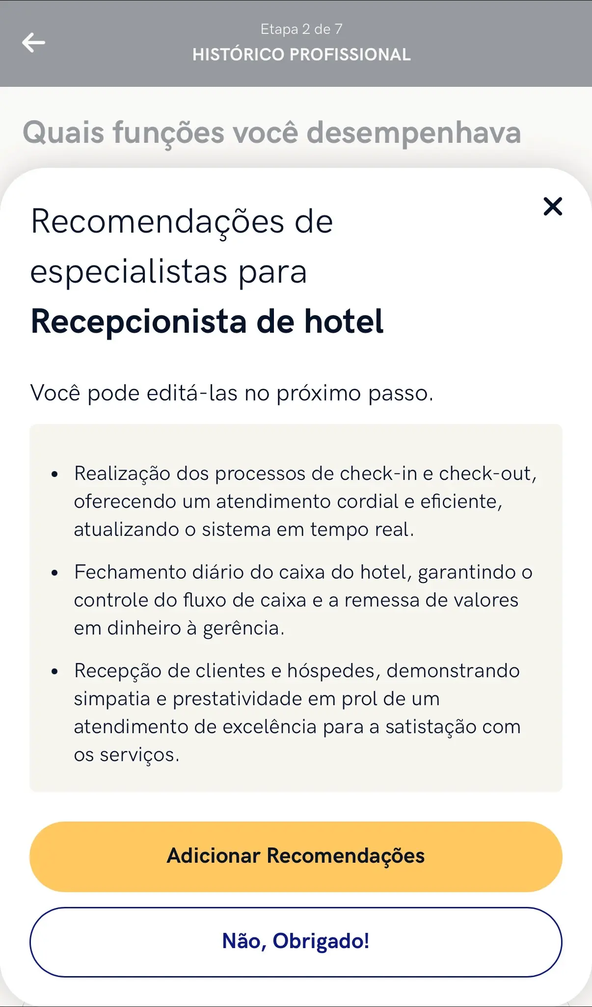 tela de recomendações de frases no aplicativo para currículo da Zety