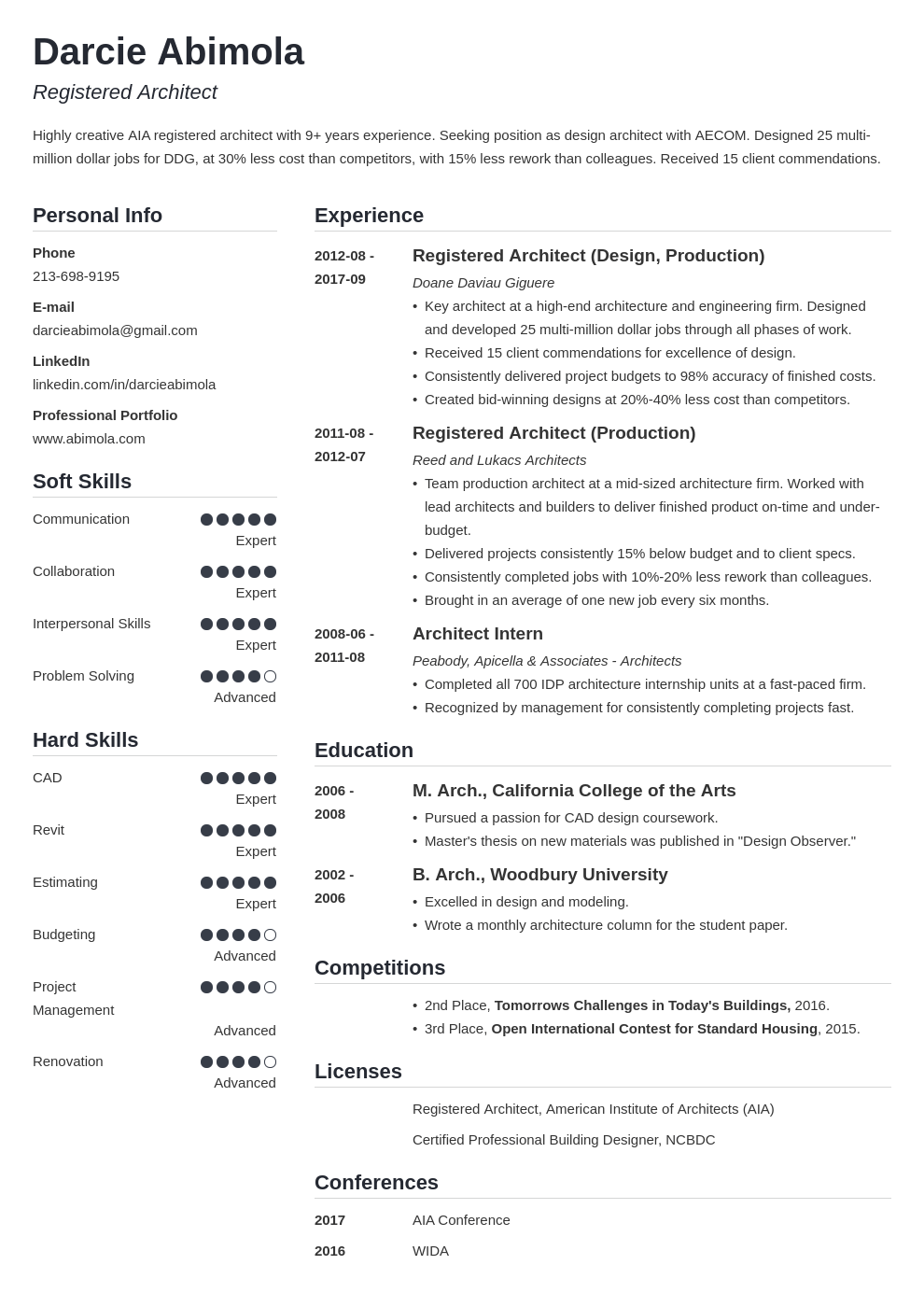 architecture resume example template simple