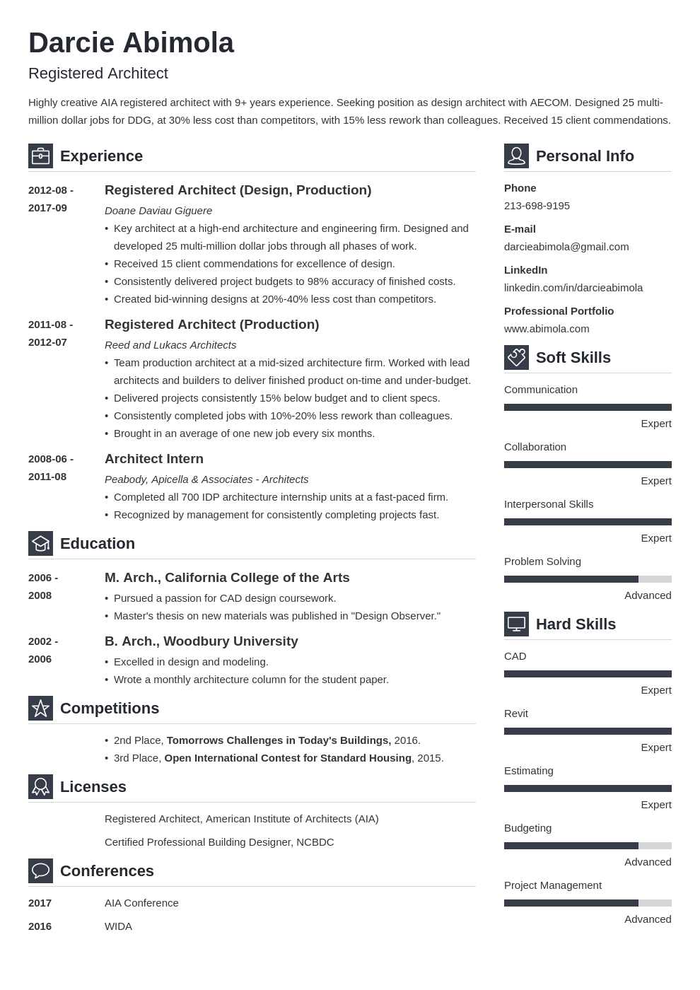 architecture resume example template vibes