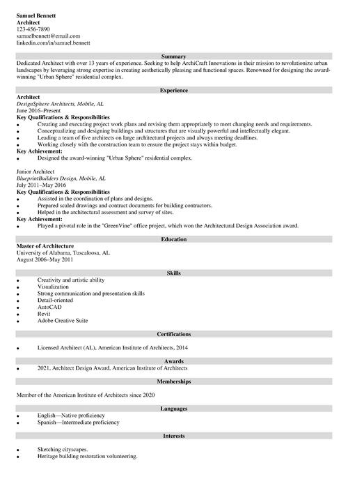 Architecture Resume Example