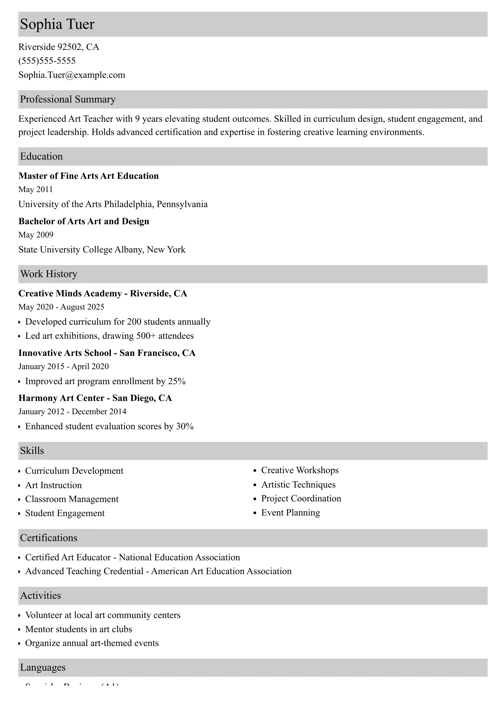 Art Teacher Resume Sample
