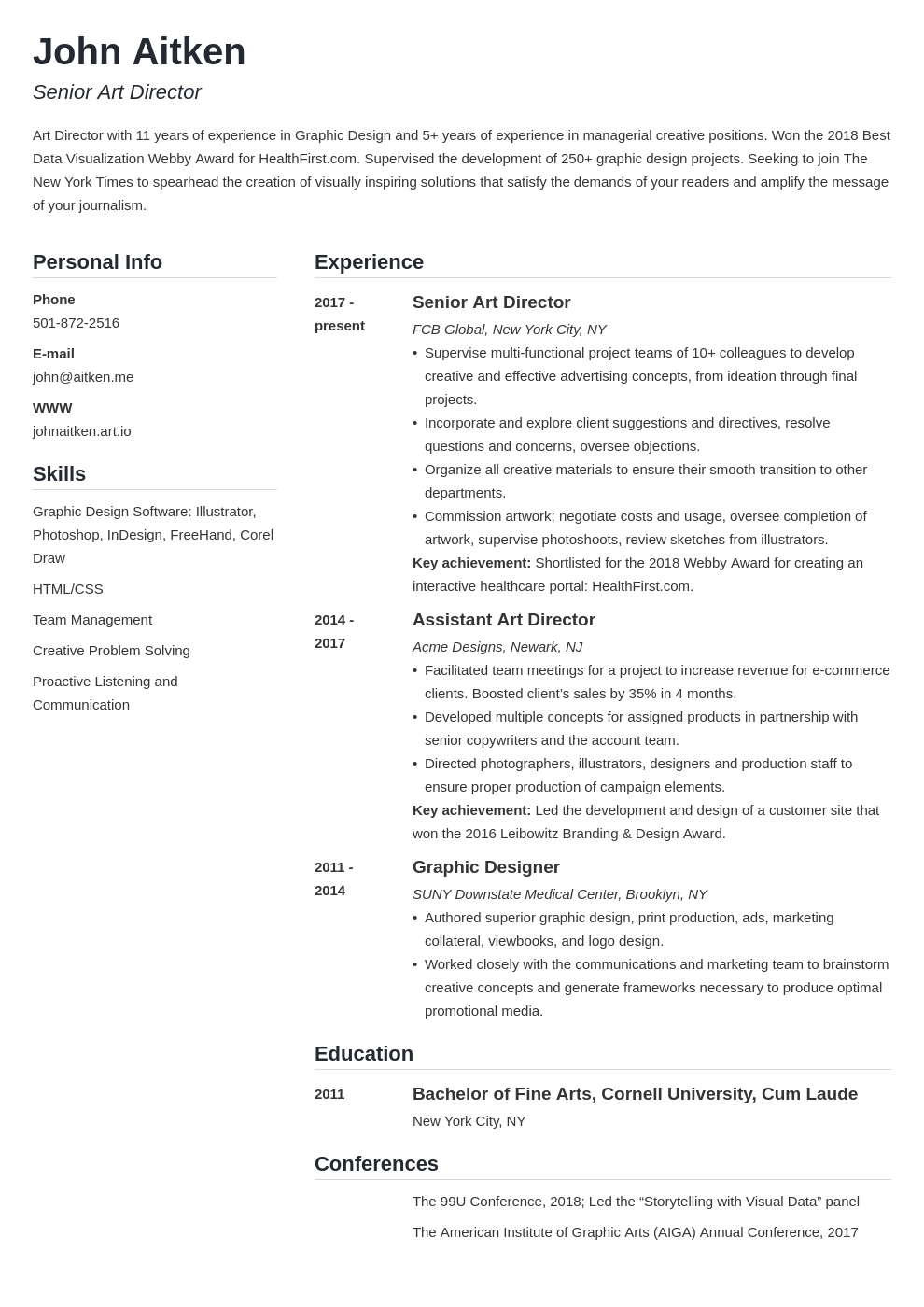 art director resume template simple