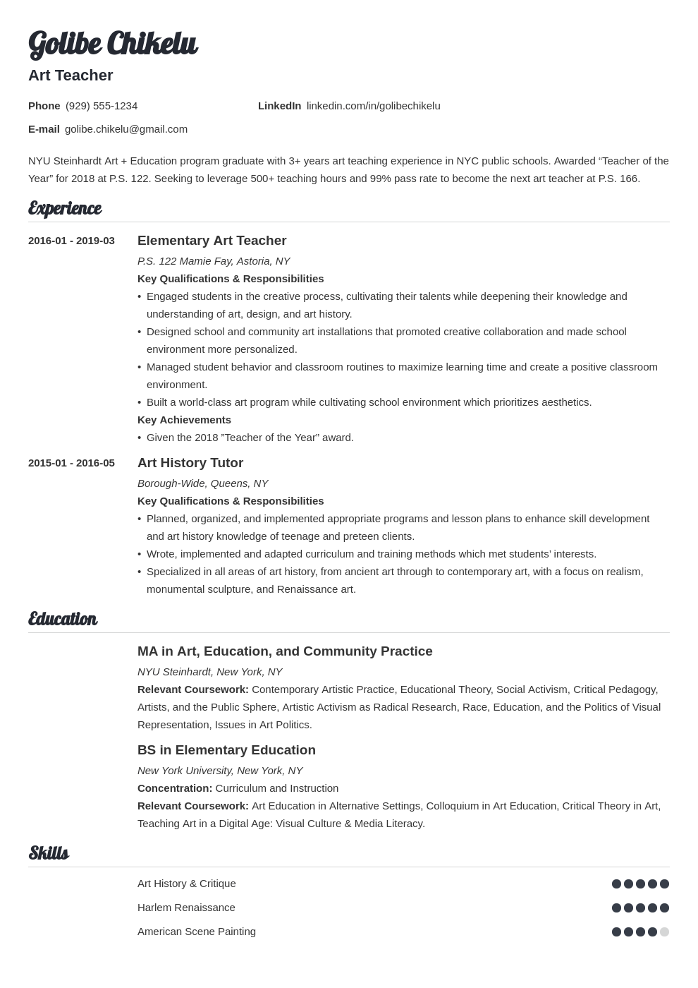 Art Teacher Resume Examples Objective 