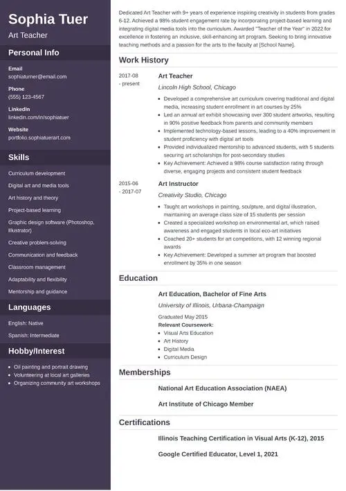 Art Teacher Resume Sample