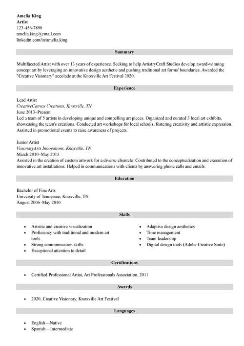 sample artist resume example