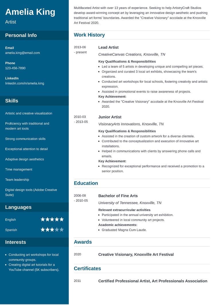 Cascade resume template for artists