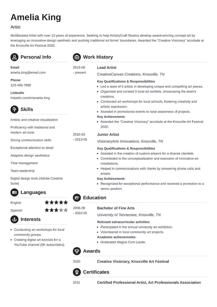 Crisp resume template for artists