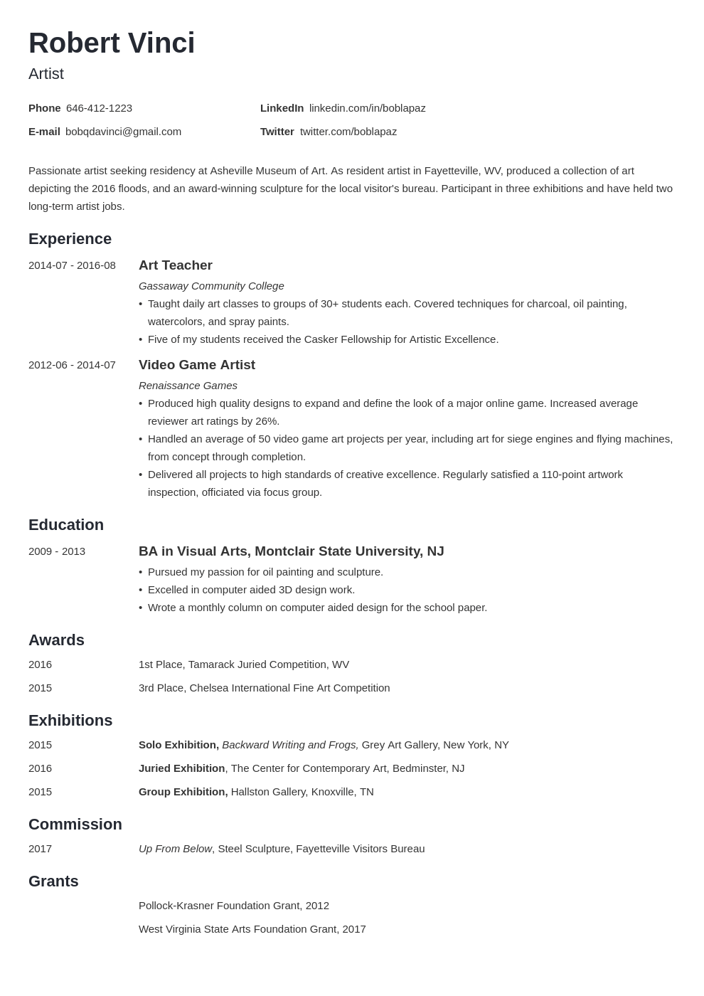 artist resume template minimo