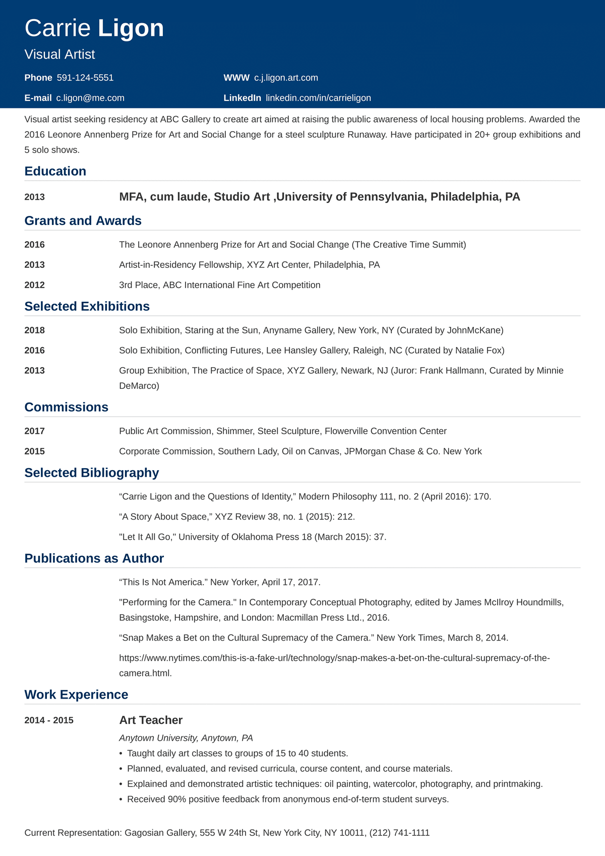 Artist Resume Artist CV Sample Examples And Writing Tips