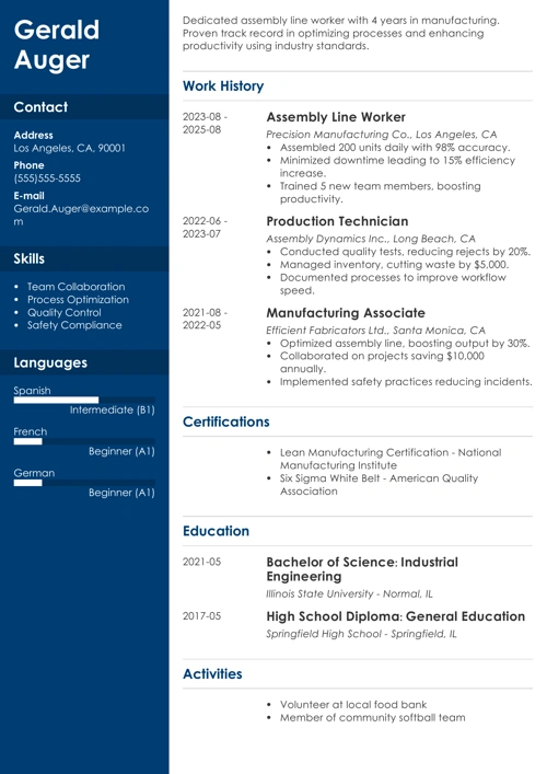 assembly line worker resume example