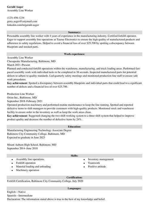 Assembly Line Worker Resume Sample Job Description Skills   Assembly Line Worker Resume Example Zety Us 