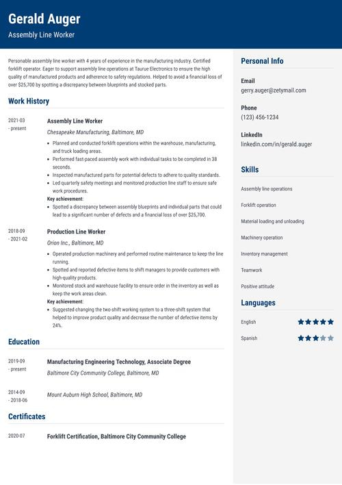 assembly line worker resume example