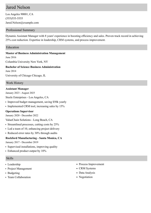 Assistant Manager Resume Example