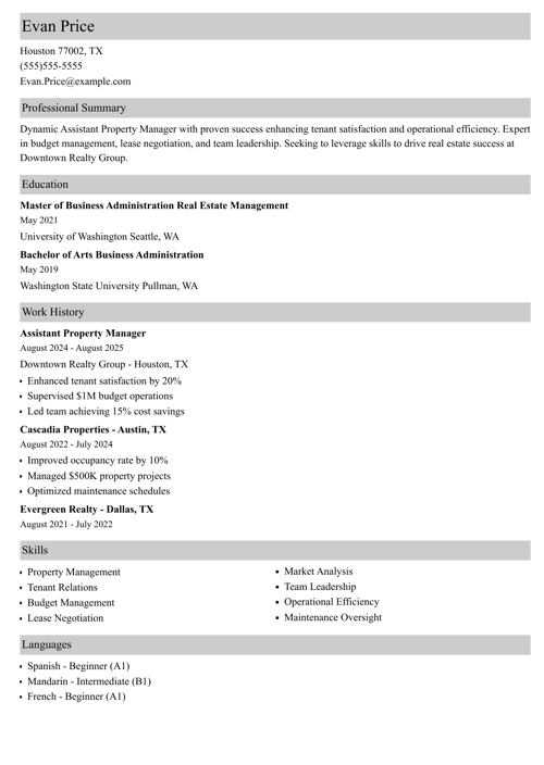 Assistant Property Manager Resume Sample