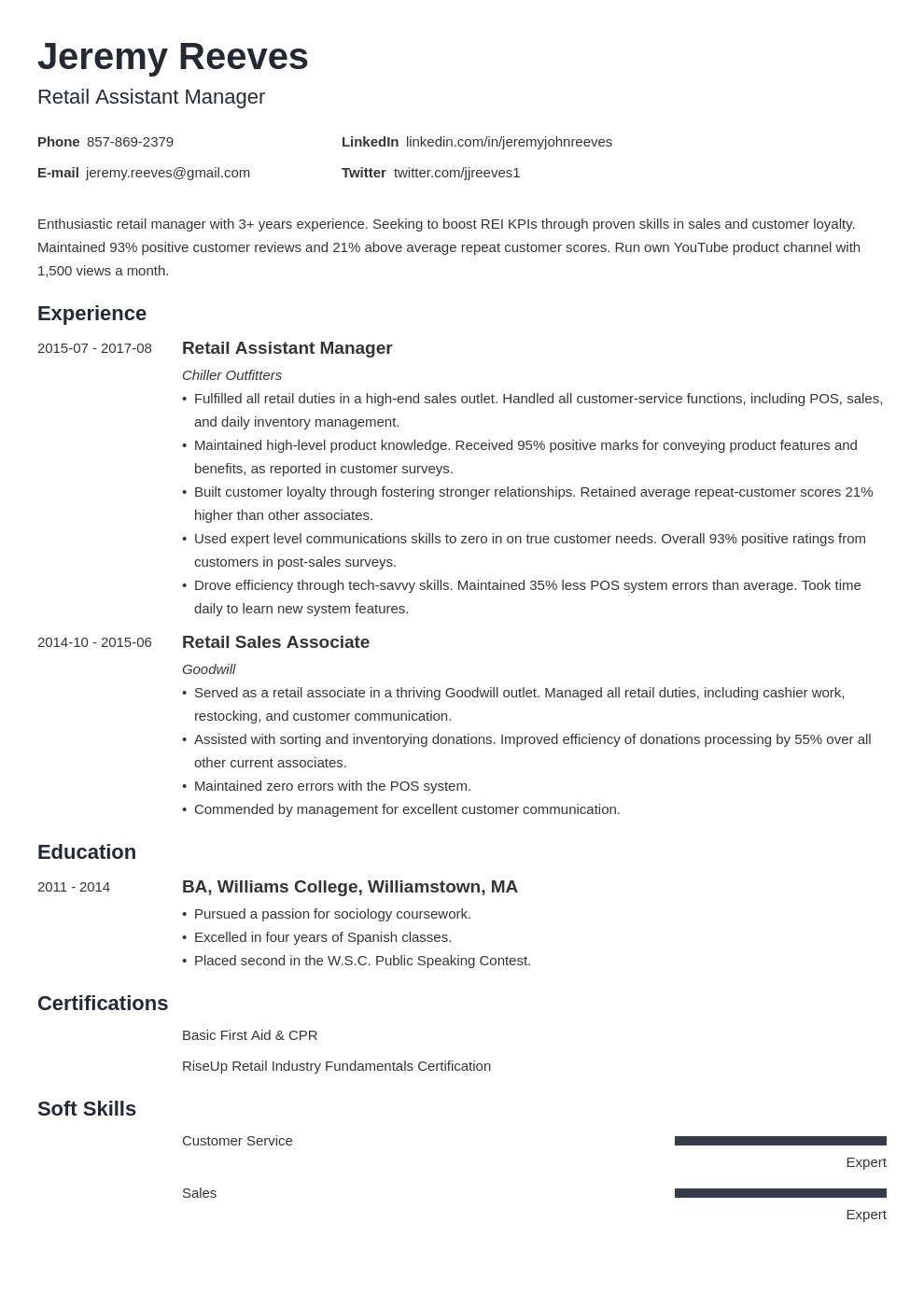 Assistant Manager Duties Resume