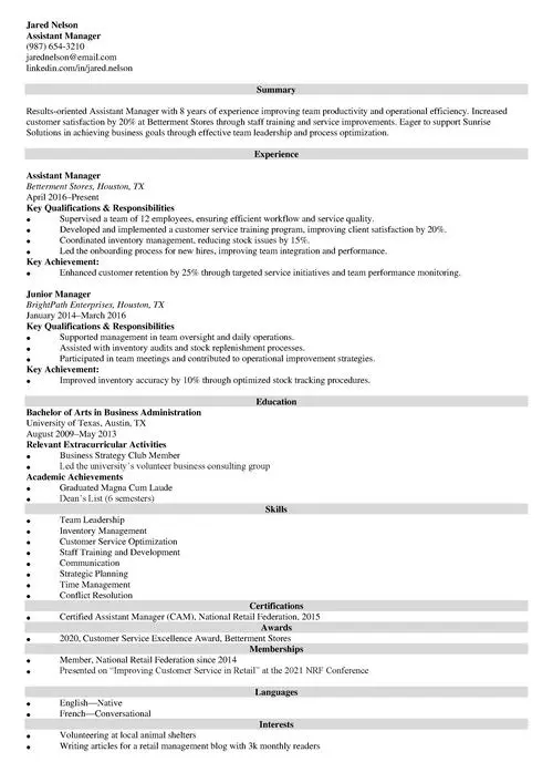 Assistant Manager Resume Example