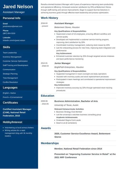 Assistant Manager Resume Example