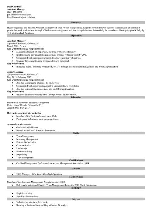 Assistant manager resume example