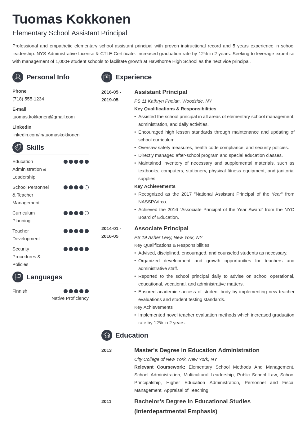 assistant principal resume example template crisp