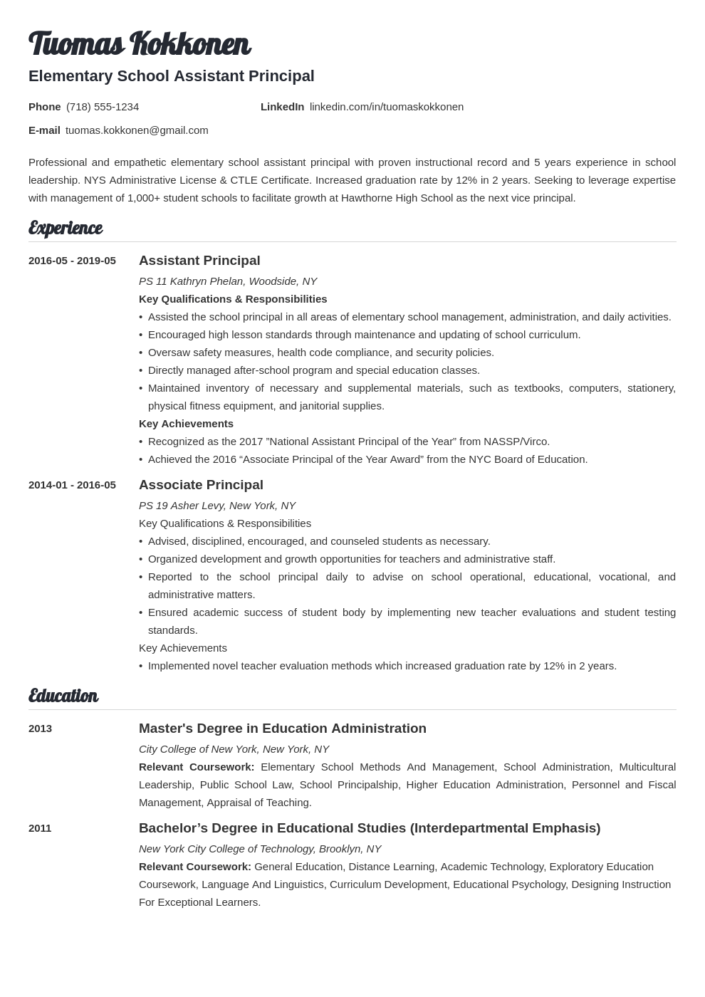 assistant principal resume example template valera